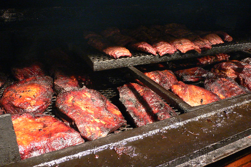 Sliced Texas barbecue brisket and sausage at a Lockhart smokehouse near Austin
