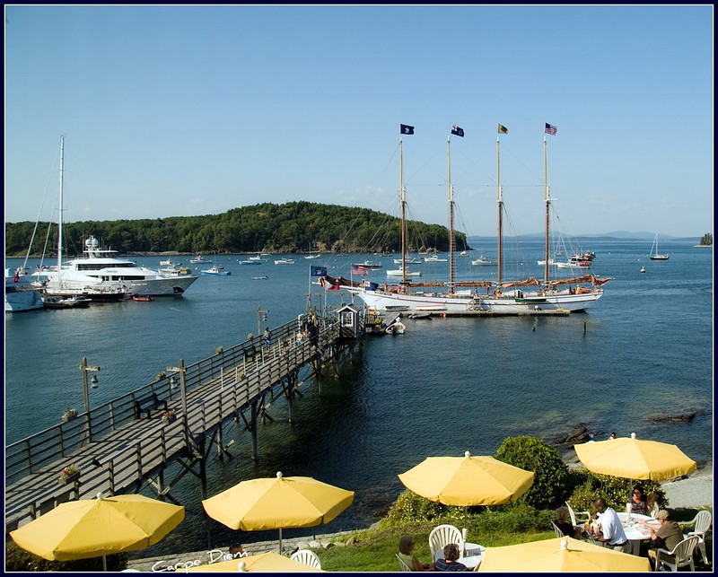 Colorful waterfront view of Bar Harbor, Maine near Acadia