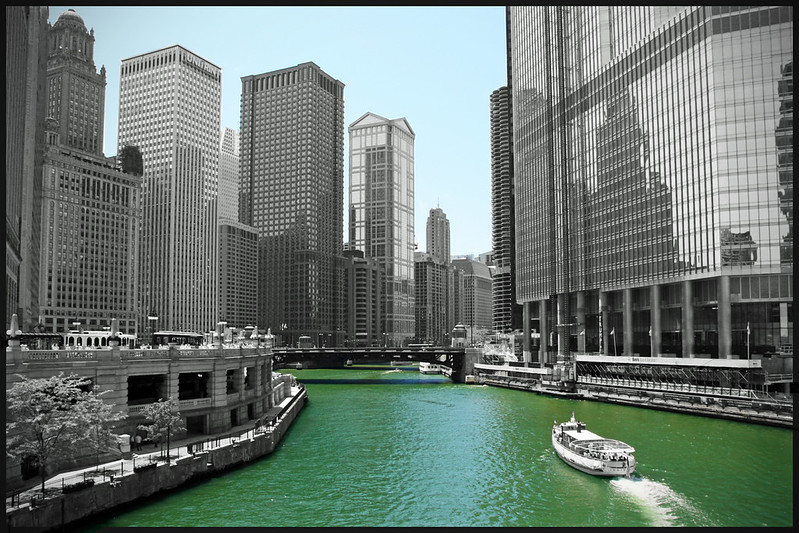 The Chicago River winding through downtown skyscrapers