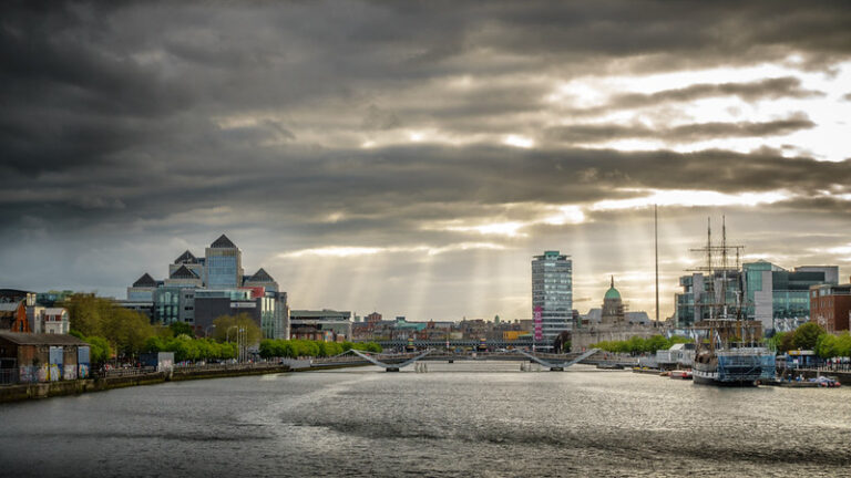 Dublin city and the River Liffey at dusk