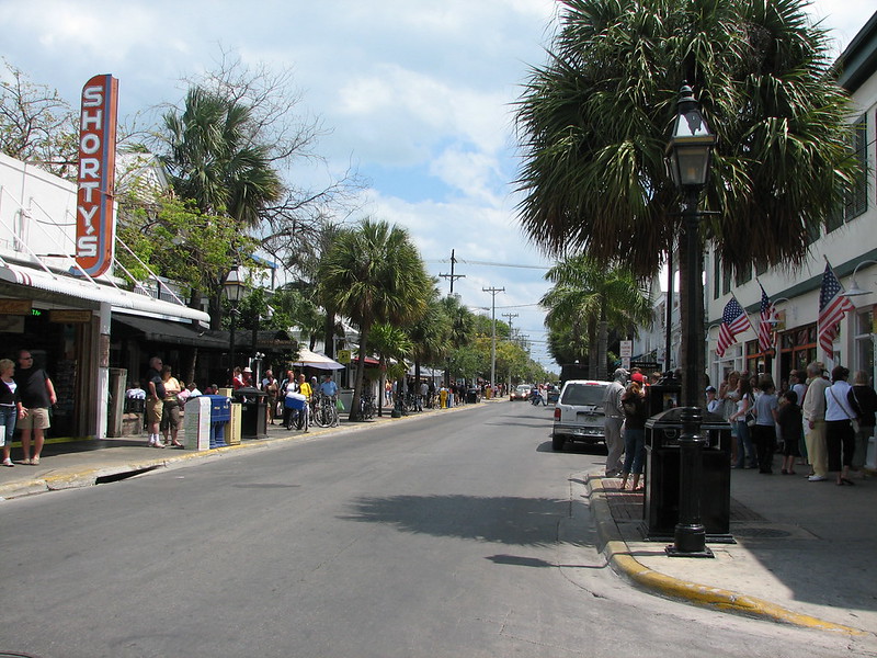 Colorful storefronts along Duval Street in Key West