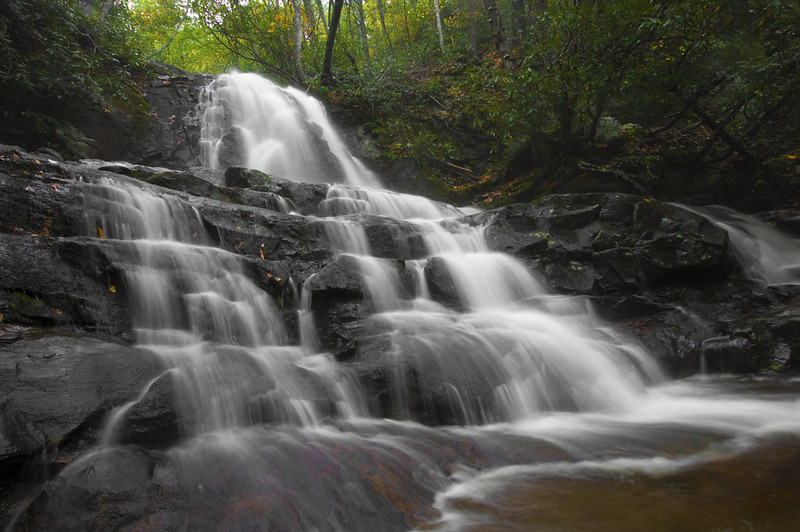 A waterfall in the lush forest of the Great Smoky Mountains