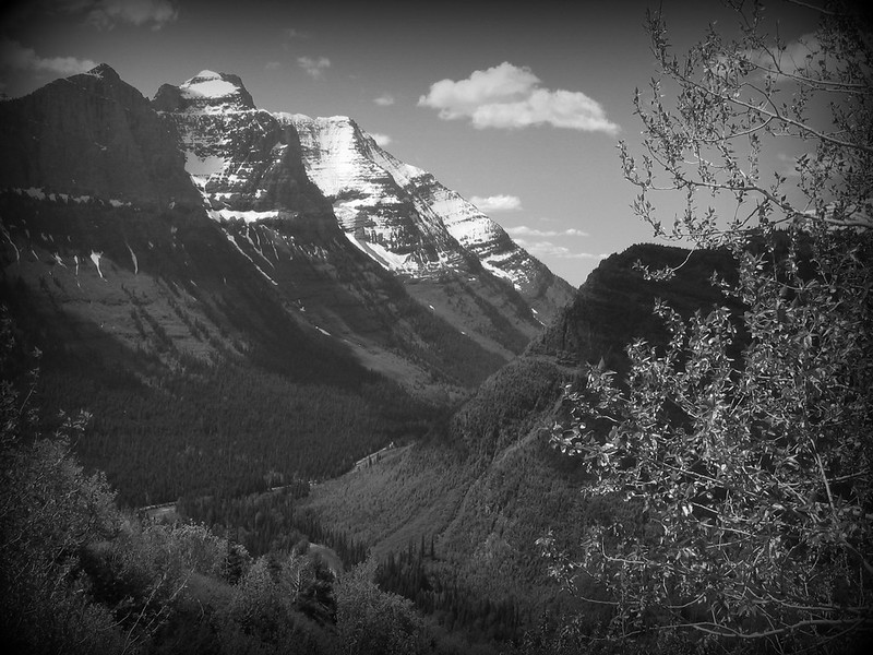 The Going-to-the-Sun Road winding through a glacial valley in Glacier National Park