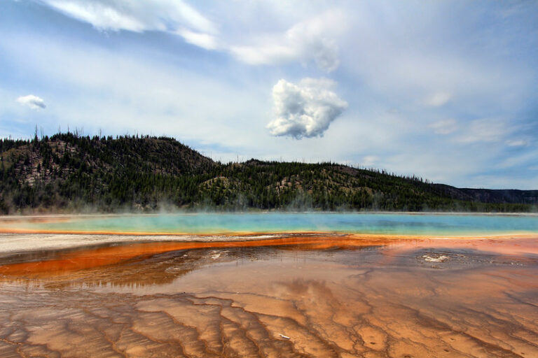 Rainbow colors of Grand Prismatic Spring steaming in Yellowstone National Park