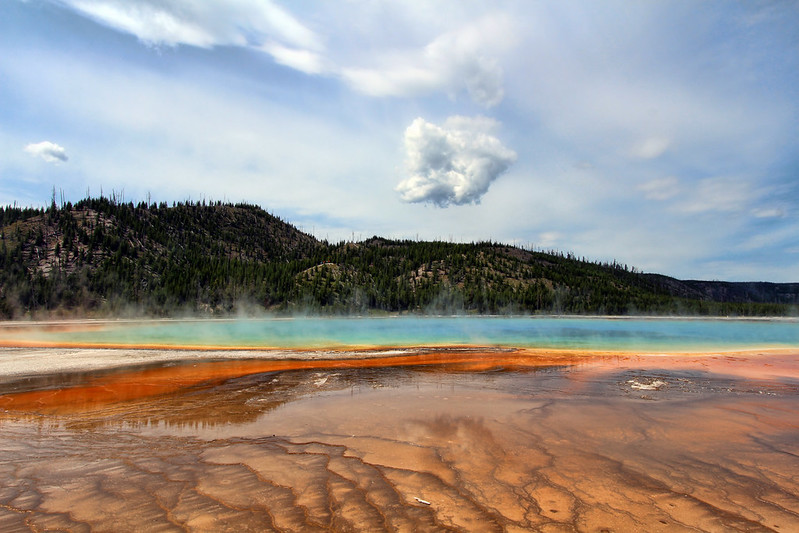 Rainbow colors of Grand Prismatic Spring steaming in Yellowstone National Park