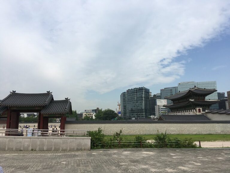 Gyeongbokgung Palace throne hall under blue sky in Seoul South Korea
