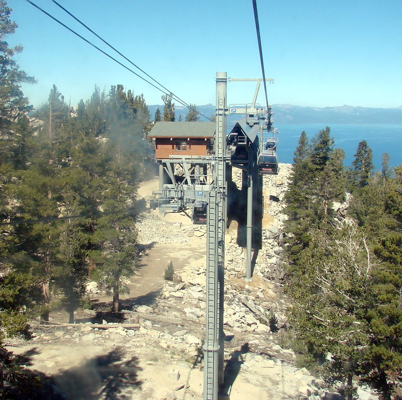 Heavenly gondola cabins climbing above Lake Tahoe