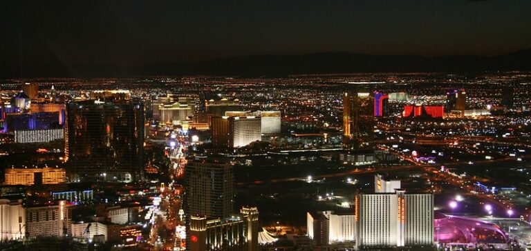 Las Vegas Strip glowing with lights at night viewed from above