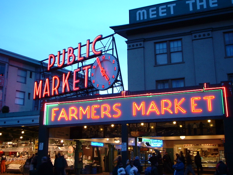 The famous Pike Place Market entrance and public market sign in Seattle
