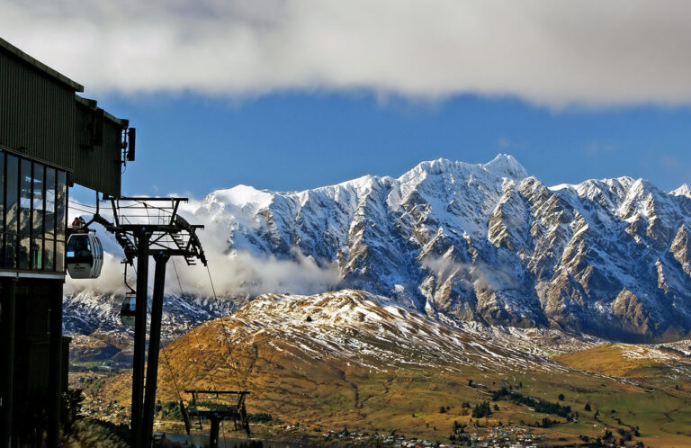 Queenstown New Zealand in winter with Lake Wakatipu and snow-capped Remarkables mountains