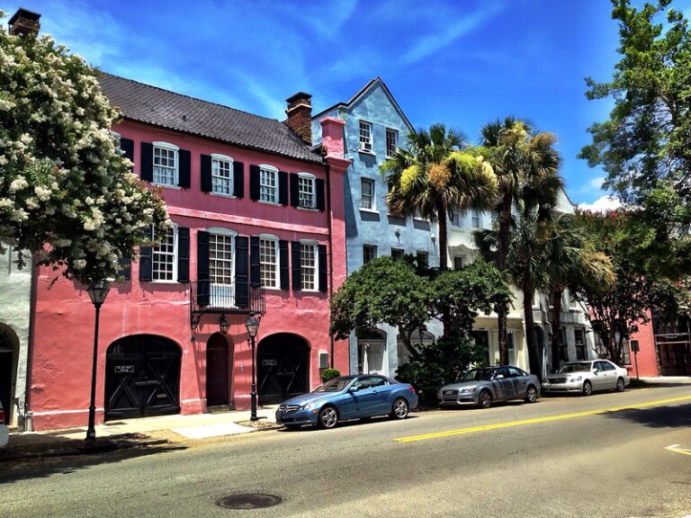 Pastel Georgian row houses of Rainbow Row on East Bay Street in Charleston