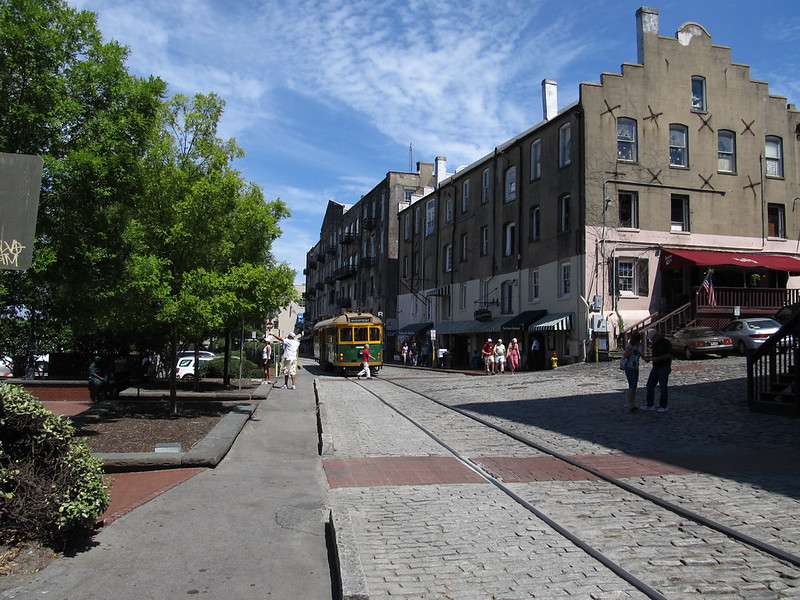 Historic cotton warehouses along River Street on the Savannah riverfront