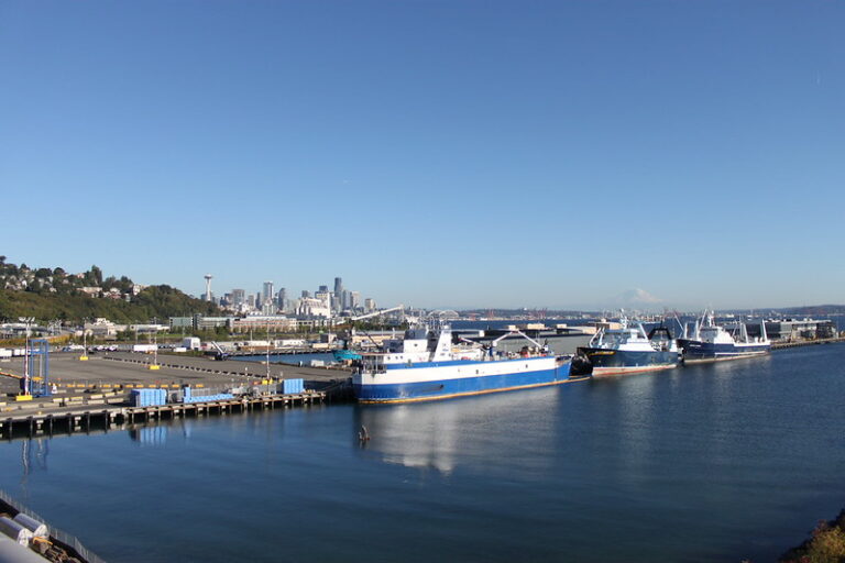 Seattle skyline with Mount Rainier rising behind the city on a clear day