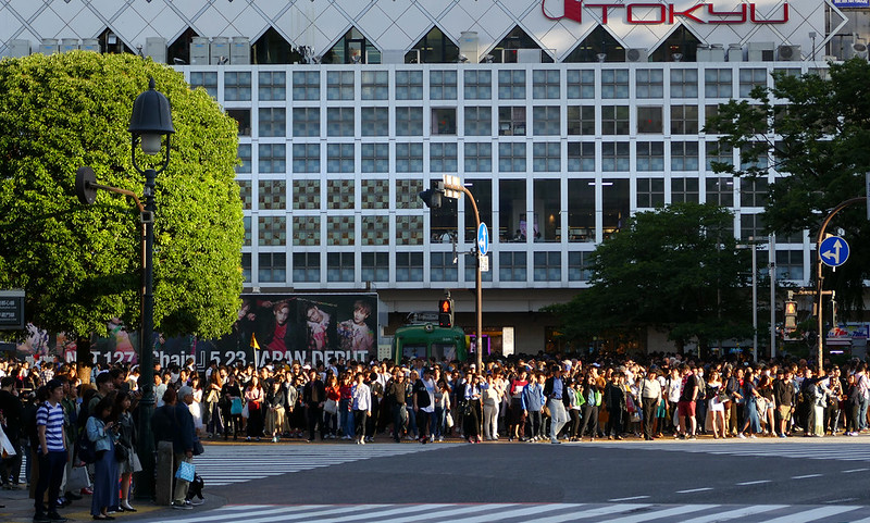 Crowds crossing the famous Shibuya scramble in Tokyo