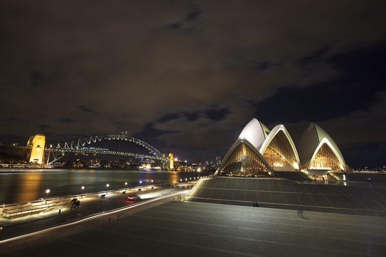 Sydney Harbour Bridge and Opera House viewed from the water at golden hour