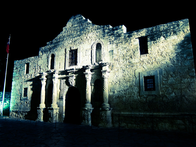 The historic stone facade of the Alamo in downtown San Antonio