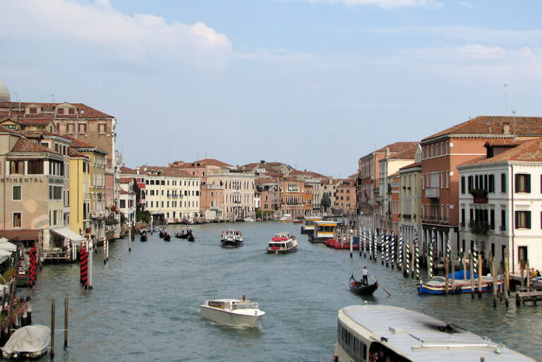 Grand Canal lined with historic palazzos in Venice Italy
