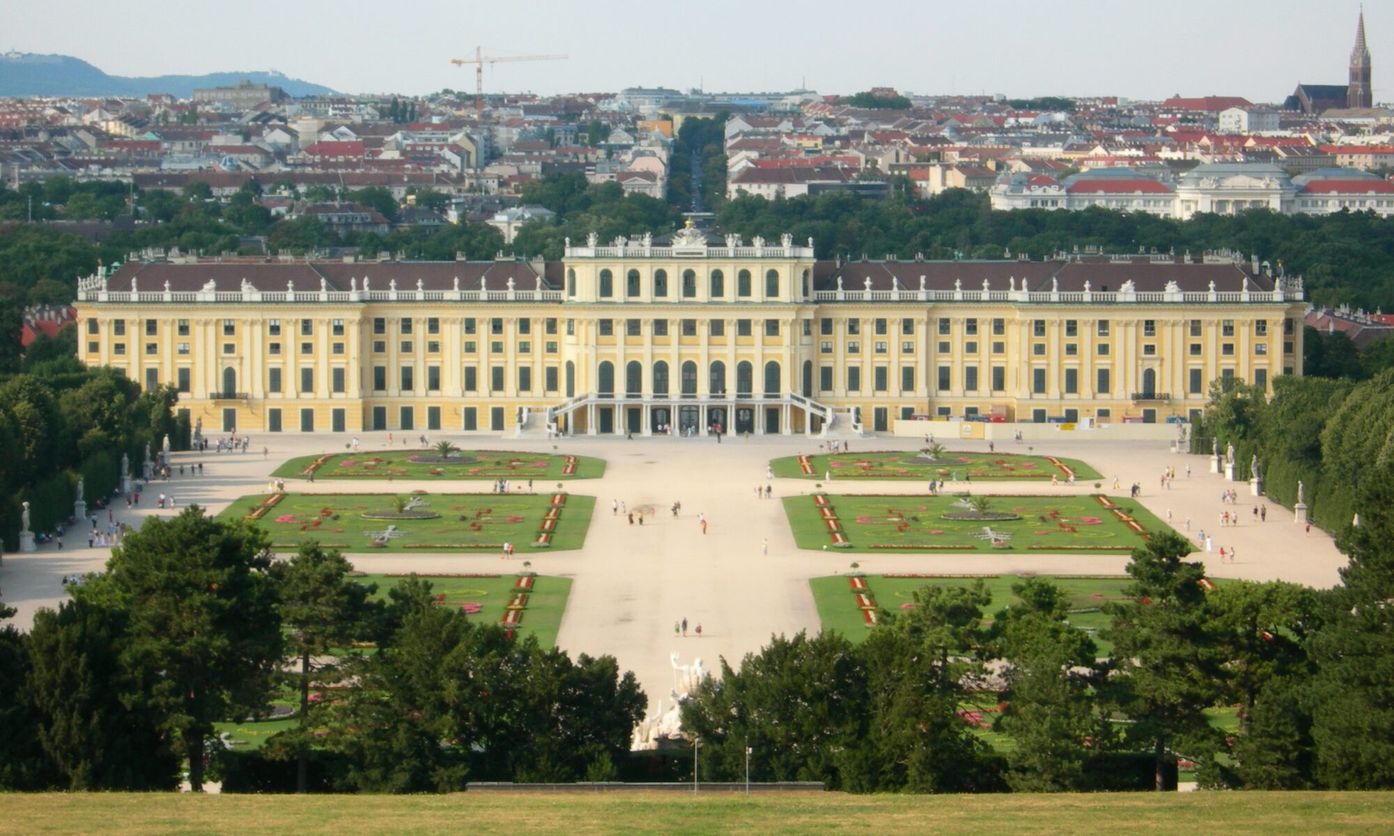 Schönbrunn Palace baroque facade with golden trim in Vienna Austria