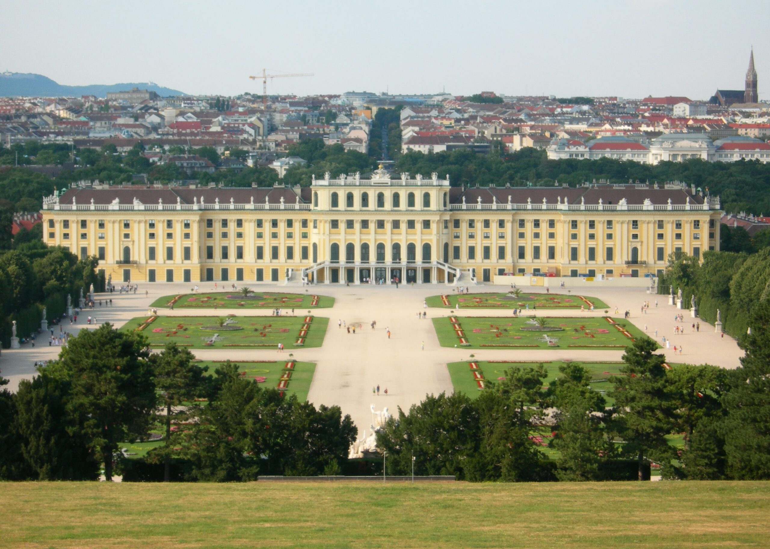 Schönbrunn Palace baroque facade with golden trim in Vienna Austria