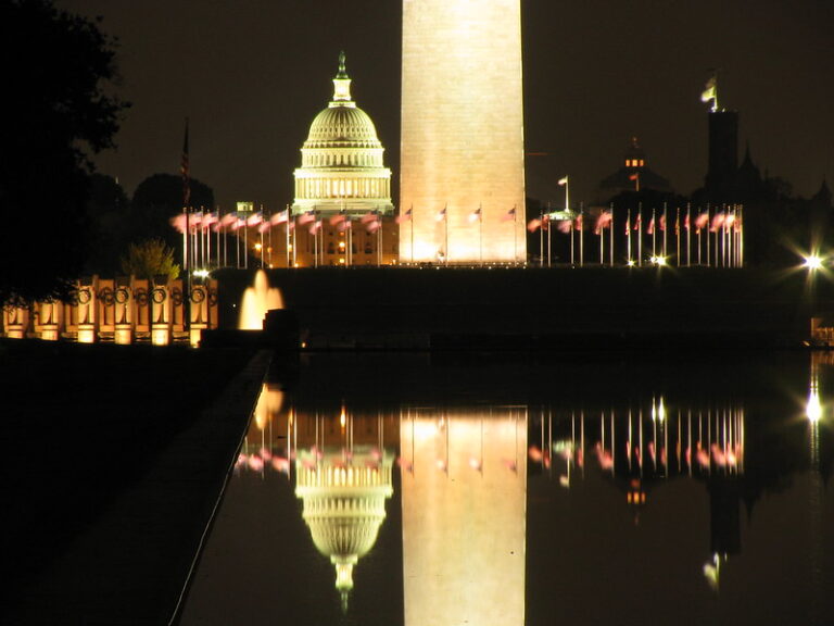 Washington DC Lincoln Memorial reflected in the National Mall Reflecting Pool