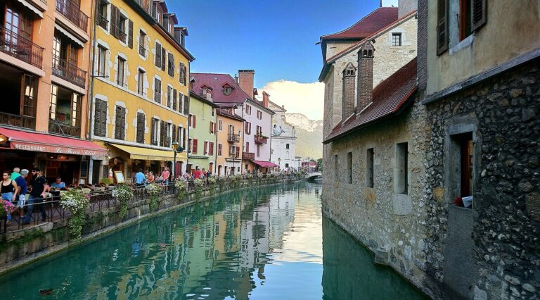 Colorful old town houses lining the Thiou canal in Annecy, France