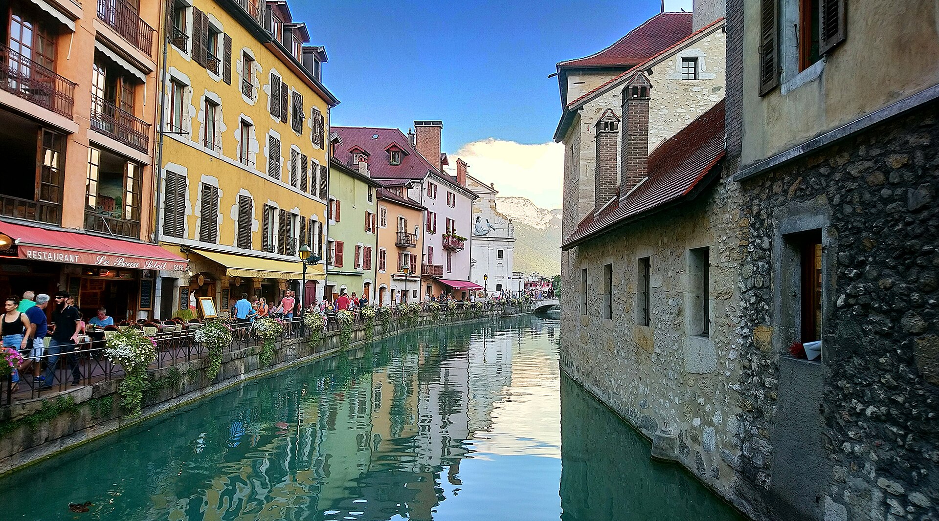 Colorful old town houses lining the Thiou canal in Annecy, France