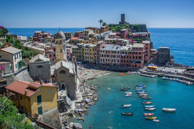 Colorful harbor houses of Vernazza in the Cinque Terre on a sunny day