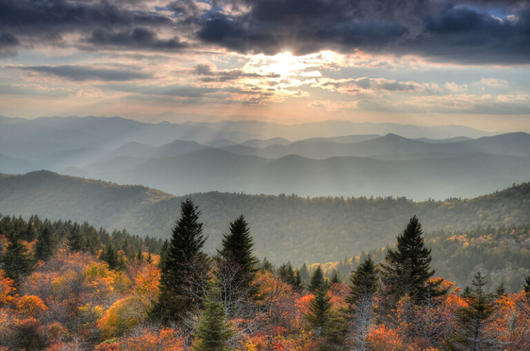 Layered blue mountain ridges at Cowee Mountain Overlook on the Blue Ridge Parkway near Asheville