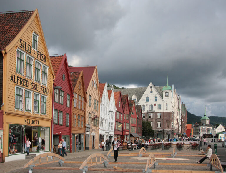 Colorful wooden Hanseatic merchant houses along the Bryggen wharf in Bergen, Norway