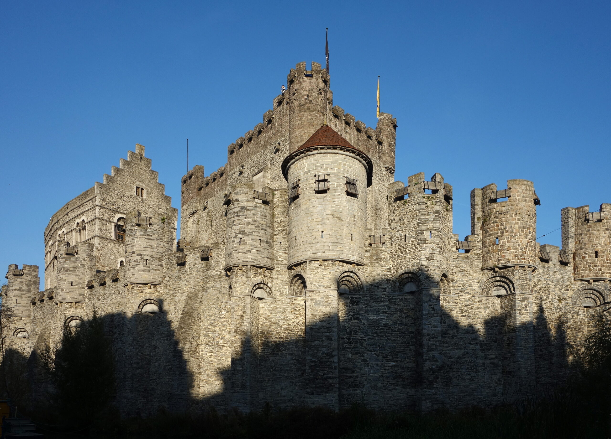 The medieval moated Gravensteen castle in the center of Ghent Belgium