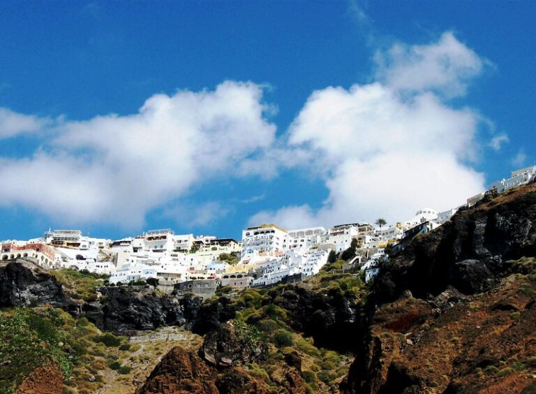 Whitewashed hillside village overlooking the Aegean Sea in Greece