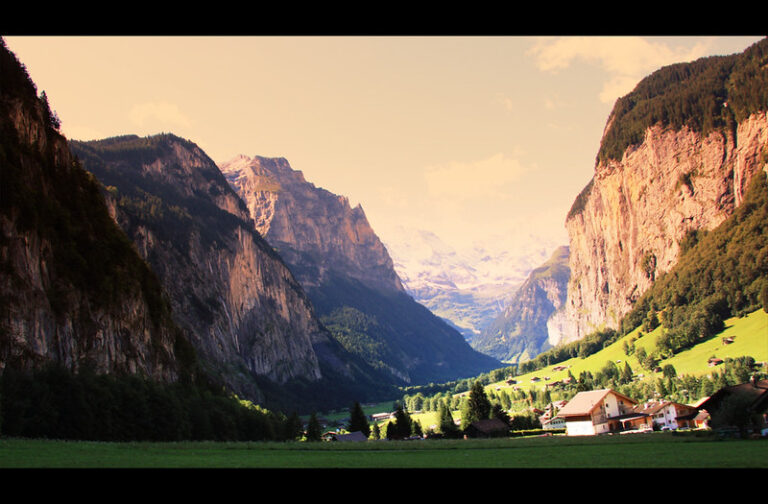 Cliffs, waterfalls, and a village in the Lauterbrunnen valley near Interlaken