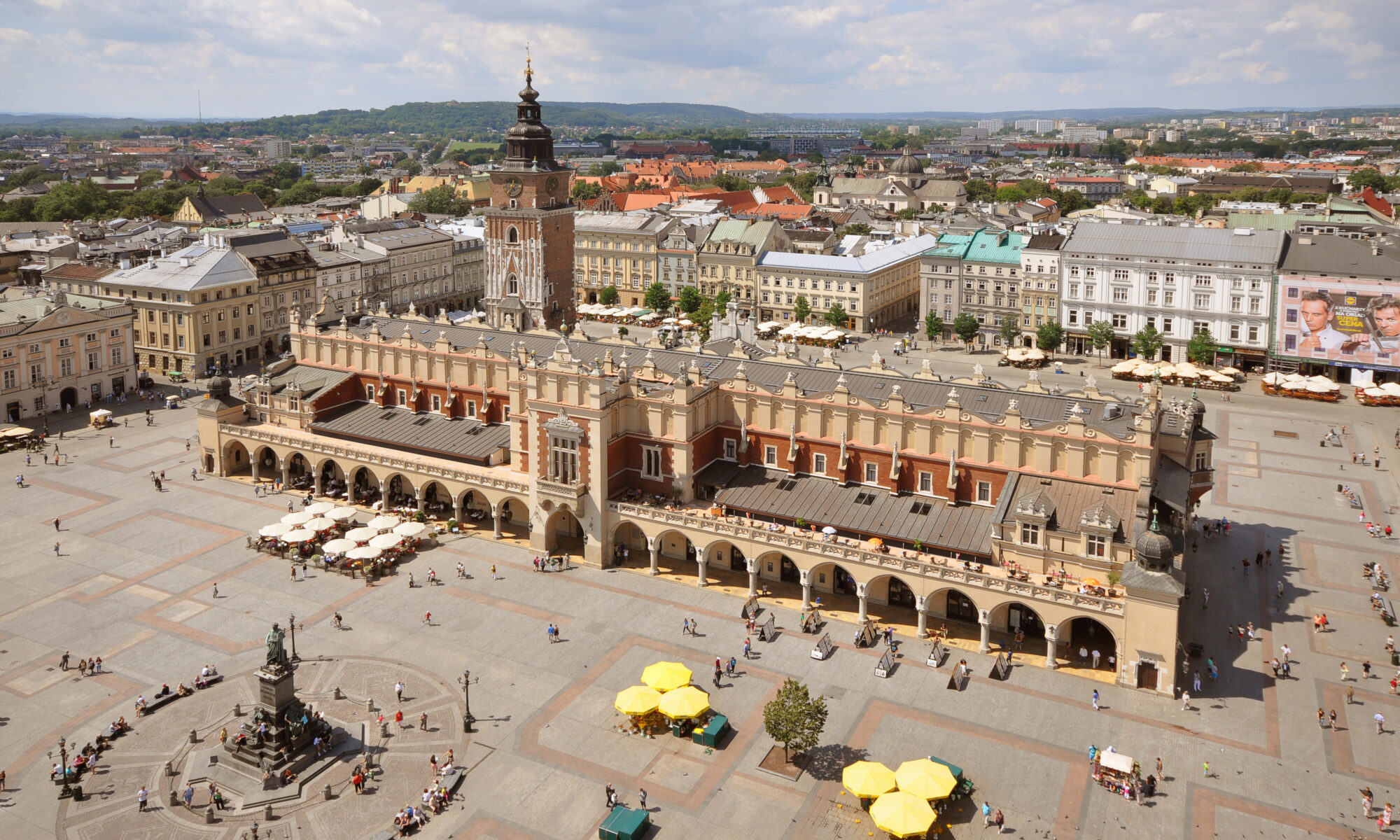 Aerial view of Krakow's Main Market Square and the Cloth Hall on a summer day
