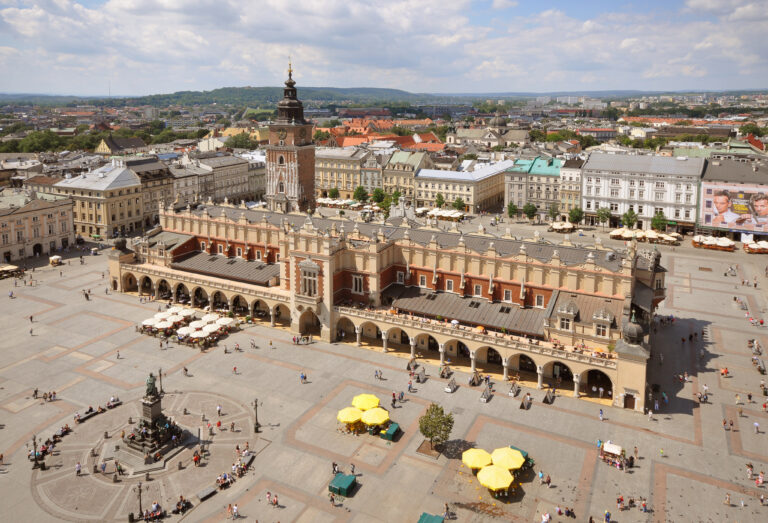 Aerial view of Krakow's Main Market Square and the Cloth Hall on a summer day