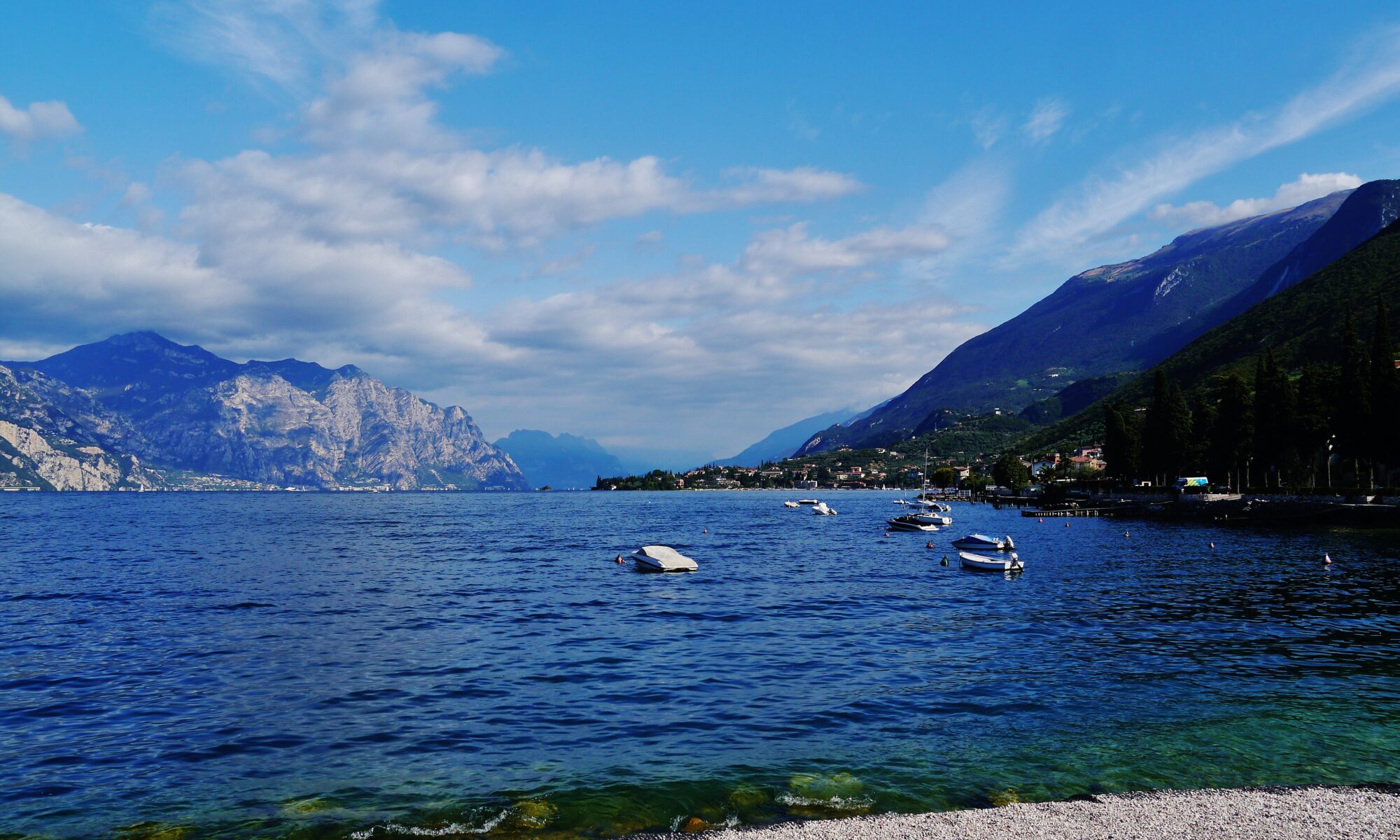 The turquoise water of Lake Garda seen from the hills above Malcesine, Italy