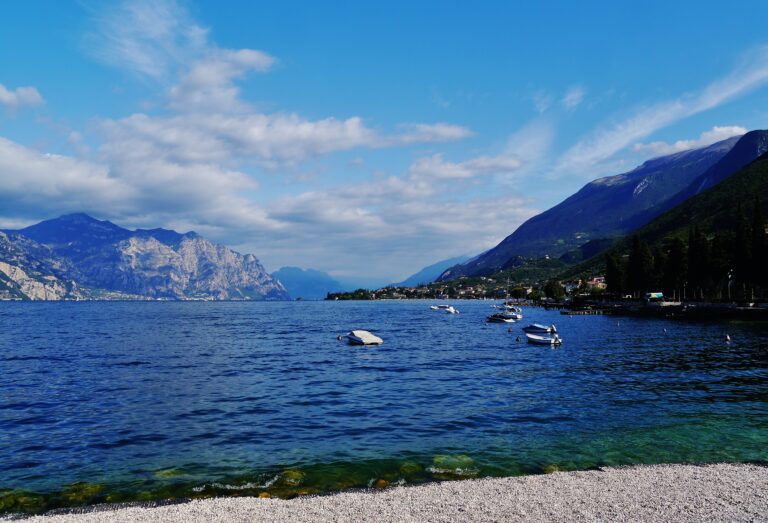 The turquoise water of Lake Garda seen from the hills above Malcesine, Italy