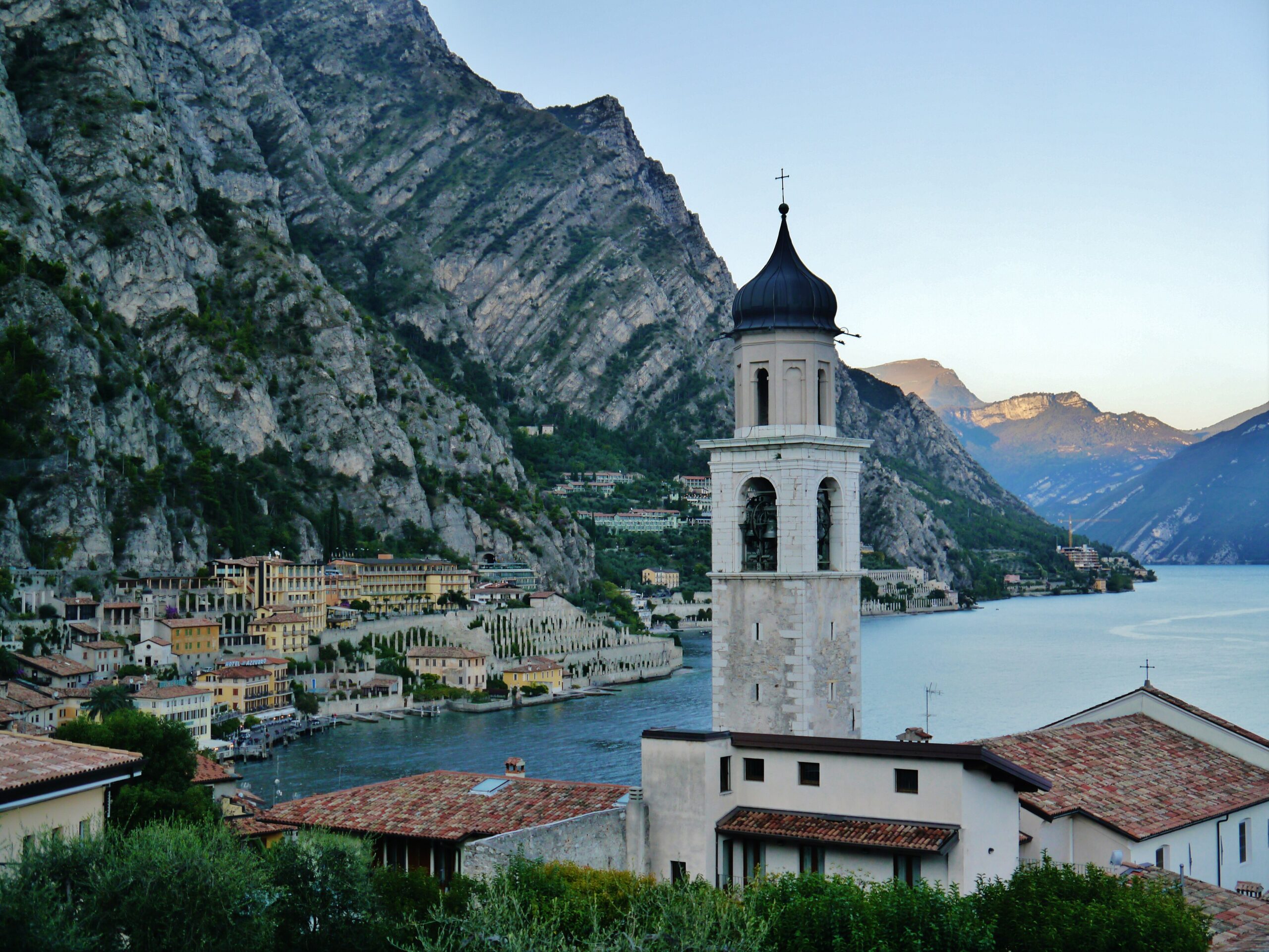 The lakeside town of Limone sul Garda beneath steep cliffs on Lake Garda