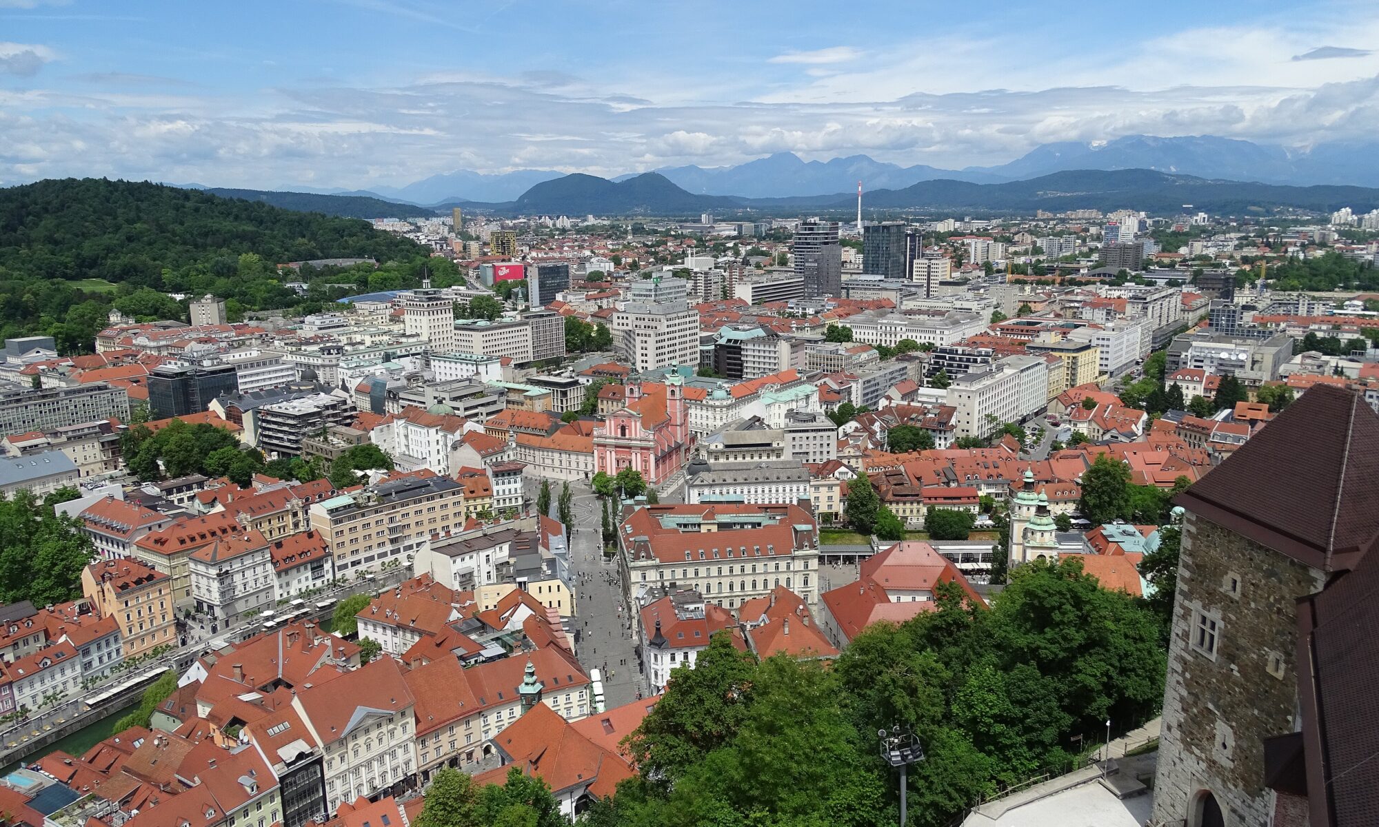 View over the red rooftops of Ljubljana old town from the castle hill