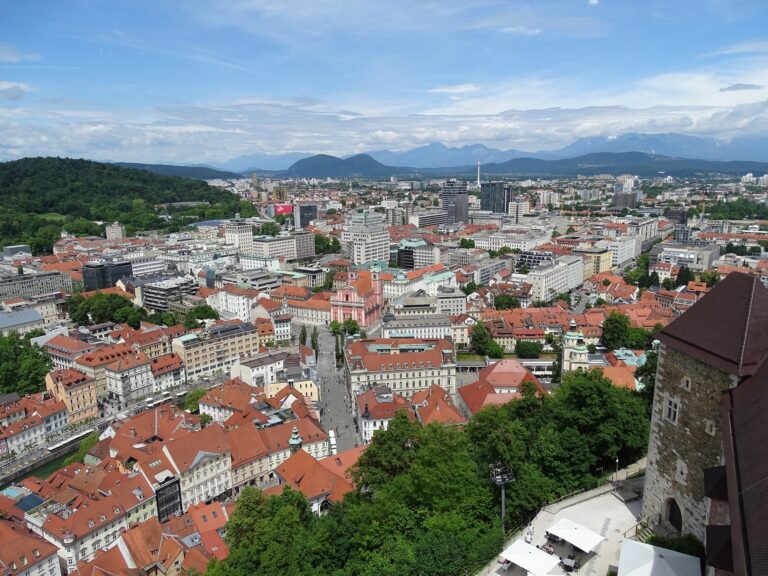 View over the red rooftops of Ljubljana old town from the castle hill