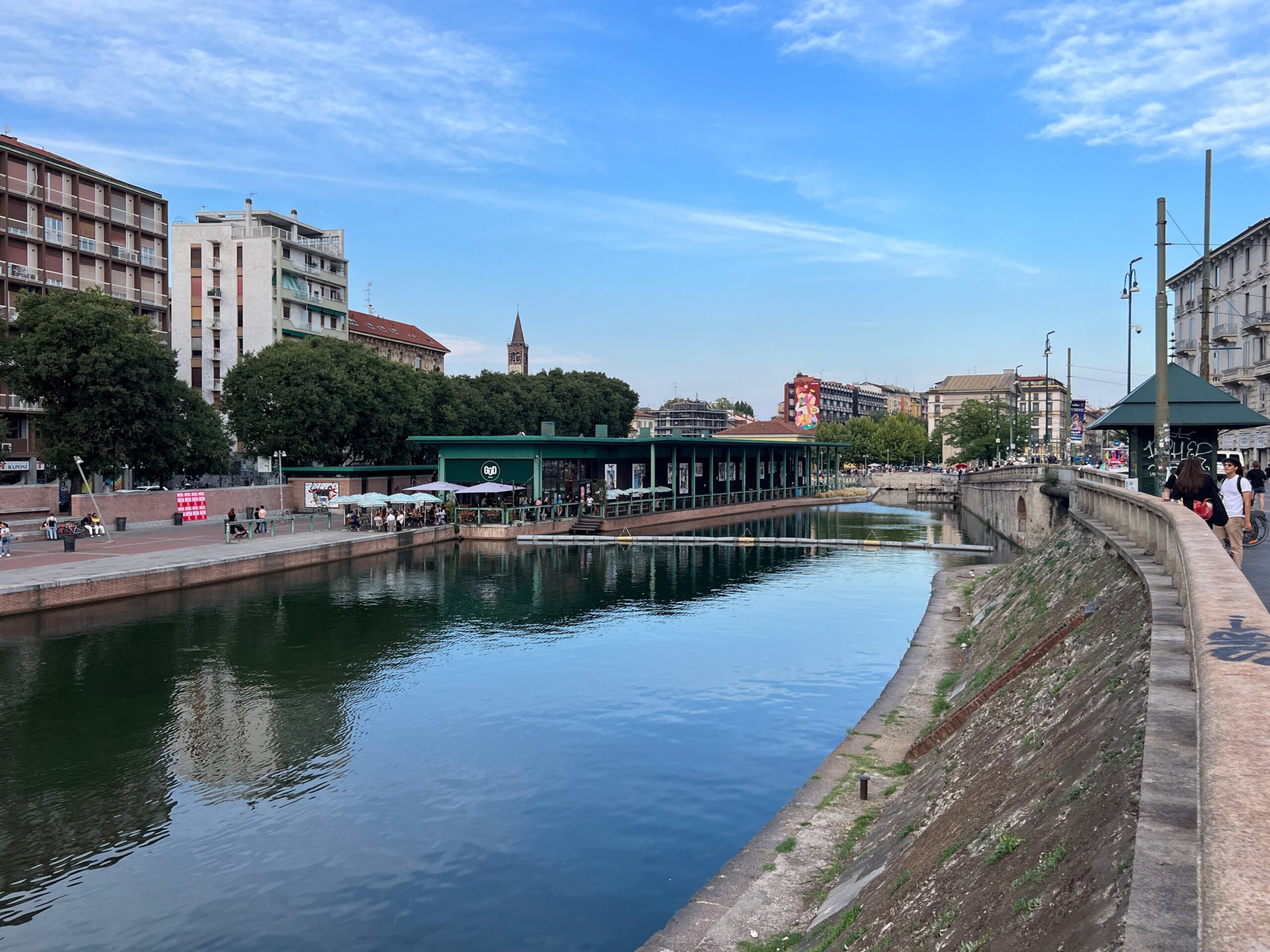 Cafes and restaurants lining the Navigli canal in Milan, Italy