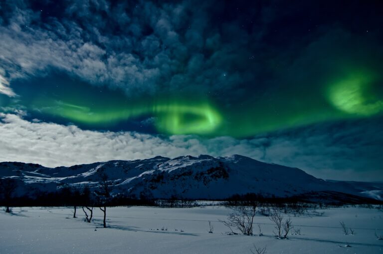 Green aurora borealis glowing over Tromso, Norway on a winter night