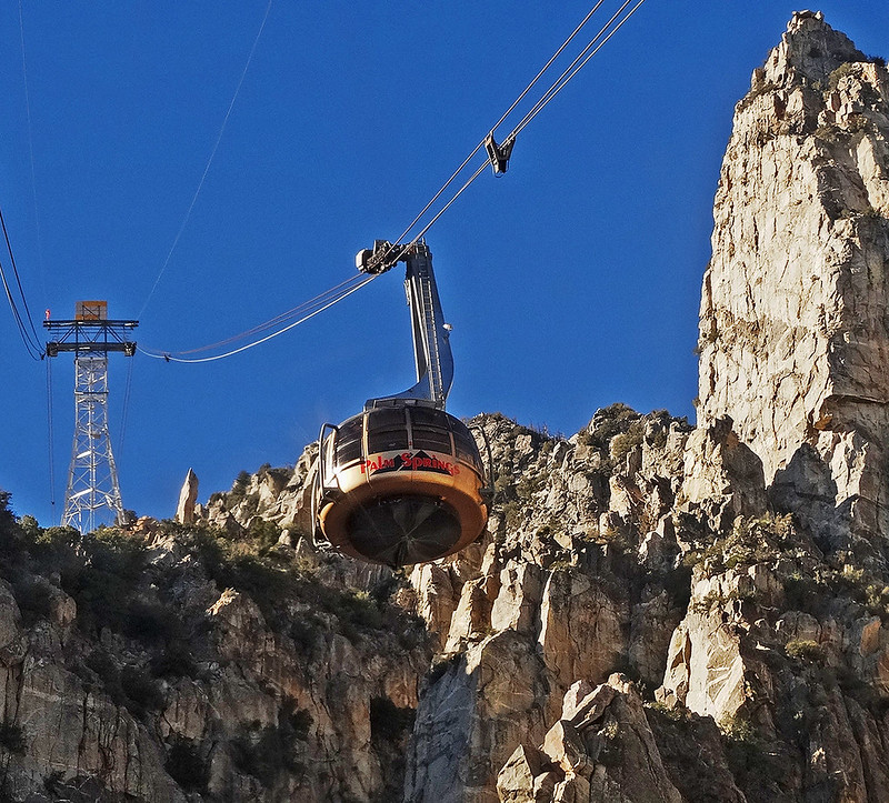 Palm Springs Aerial Tramway car climbing the cliffs of Chino Canyon