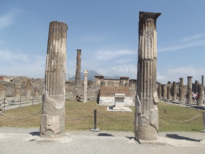 Stone columns among the ancient ruins of Pompeii near Naples