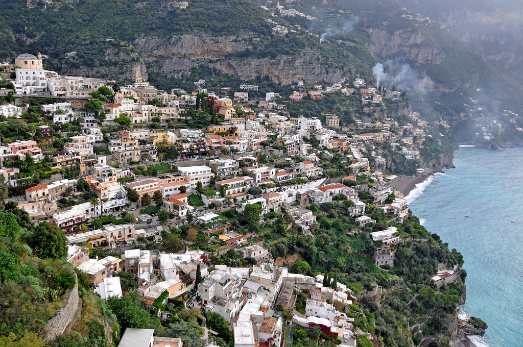 Colorful houses of Positano cascading down to the sea on the Amalfi Coast