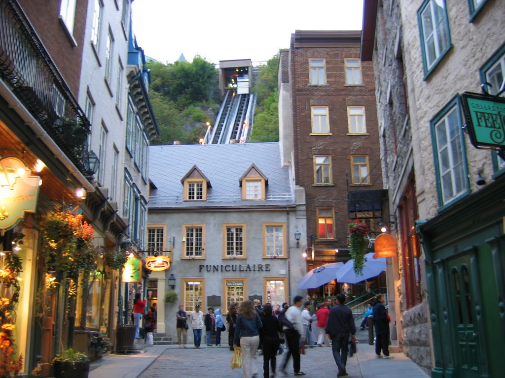 Colorful shops along the Quartier Petit-Champlain lane in Quebec City