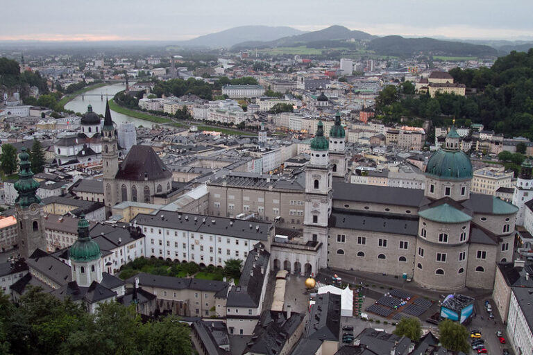 Salzburg baroque Old Town with green church domes seen from above, Austria