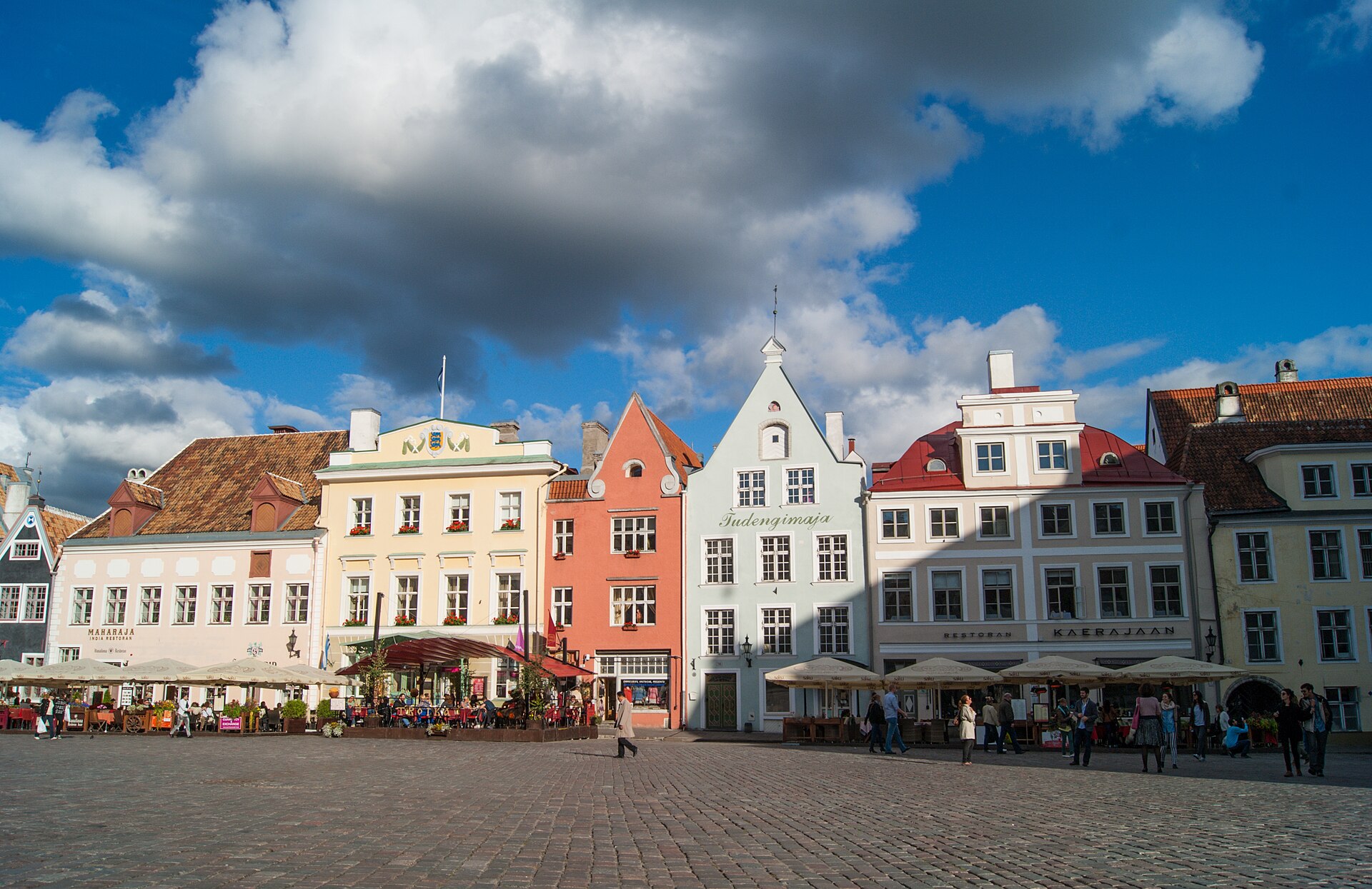 Pastel merchant houses around Town Hall Square in Tallinn's medieval Old Town