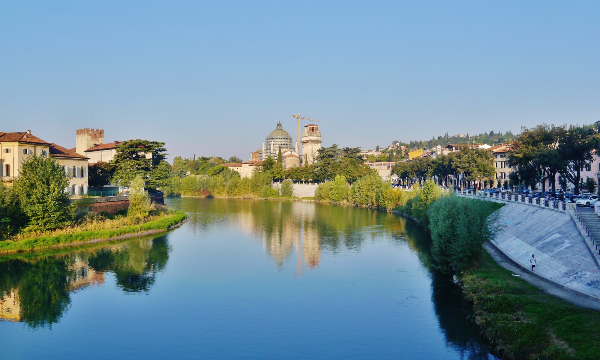 View over the Adige River and terracotta rooftops of Verona Italy