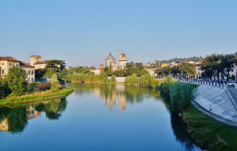 View over the Adige River and terracotta rooftops of Verona Italy