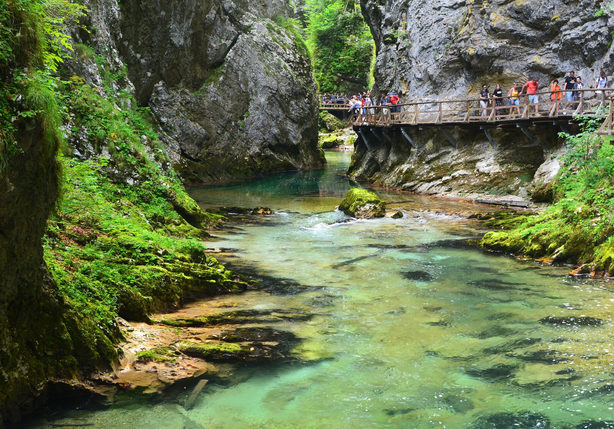 Wooden walkway beside the emerald green Radovna River running through Vintgar Gorge near Bled